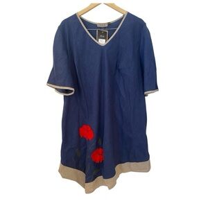 Zele Womens NWT Blue Embroidered Linen Lagenlook Dress